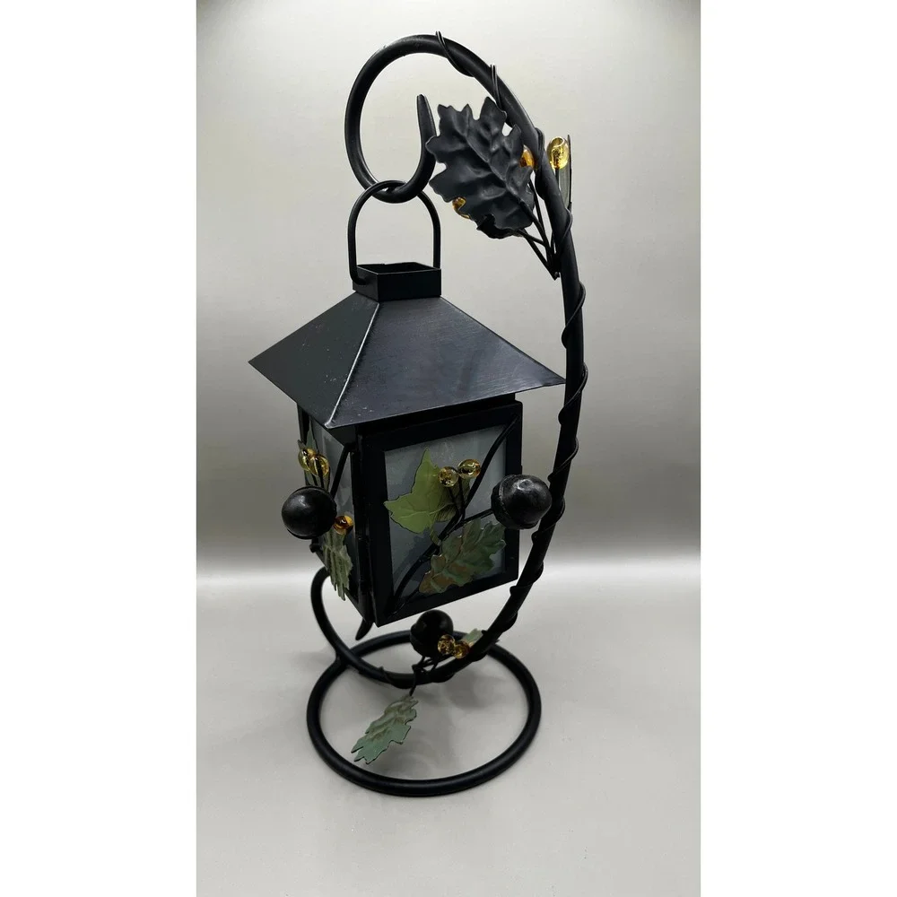 Black Metal Hanging Lantern Leaf Acorn Stand Tea Light Votive Holder 12
